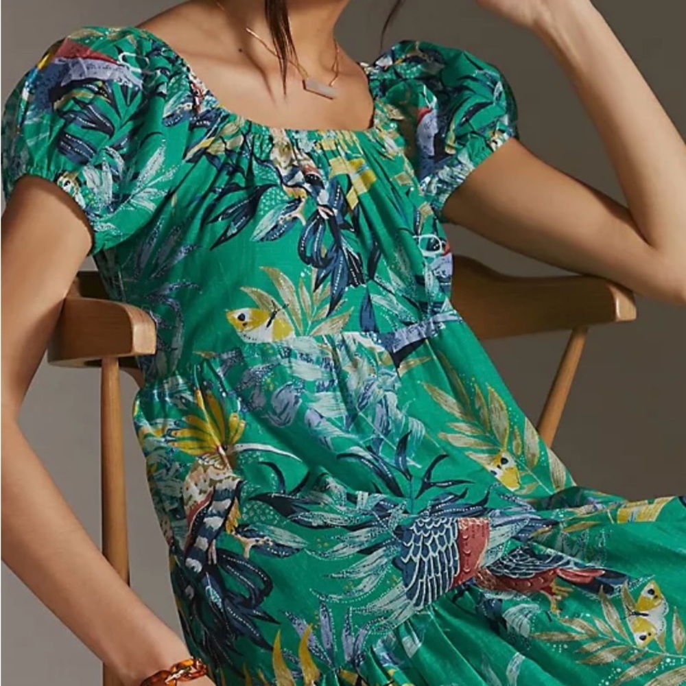 Maeve Anthropologie Tropical Green Puff Sleeve Dress
